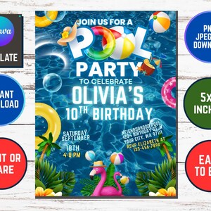 Bearbeitbare Pool Party Geburtstagseinladung Neon Glow Schwimmen Einladen für Jungen Blau Grün Pool Geburtstag Canva Vorlage Digitaler Download Evite Boy