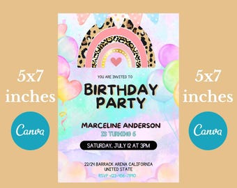 Personalized Birthday Party Invitation - Rainbow Pastel Design (Digital Download)