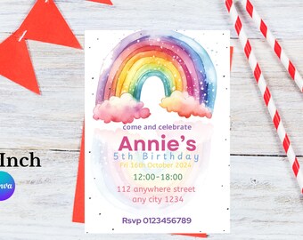Pastel Watercolor Rainbow Birthday Invite, Magical Girl Theme (Canva)