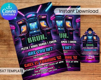 Gamer Birthday Invitation, Video Game Arcade, Editable Canva Template (Digital Download)