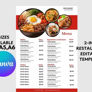 Restaurant Menu Template, Editable Canva Template, Cafe Menu, Modern Restaurant Menu Template, Minimal Restaurant Menu, a4 flyer, Food Menu