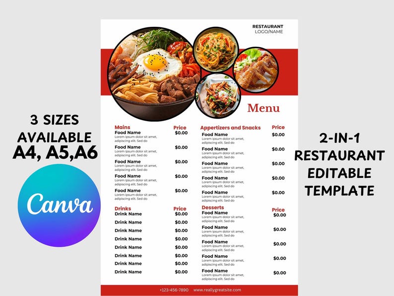 Menu Outlay Editable Restaurant Menu Template, Modern Cafe Design (A4, A5, A6 ...
