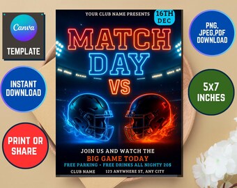 Könnte beinhalten: Ein digitaler Flyer für ein Sportereignis mit dem Text "MATCH DAY VS" in Neon-Schrift. Zwei Football-Helme sind abgebildet, einer in Blau und der andere in Rot. Der Flyer ist 12,7 x 17,78 cm groß und steht zum sofortigen Download bereit.