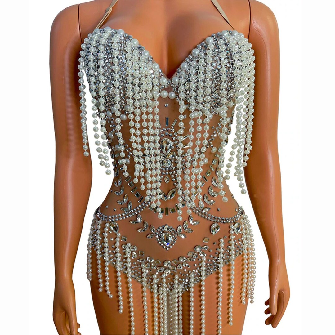 Embellished Bodysuit Beaded Dress Bridal Bachelorette Birthday Dress Pearl Costume Leotard Catsuit