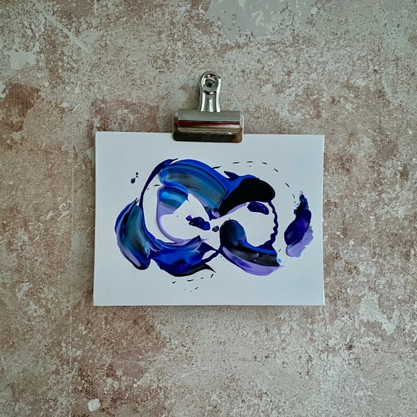 Original Malerei Abstrakte Kunst in Acryl: Blau trifft Lila. Gemälde als Wandkunst für Wohnzimmer, Schlafzimmer, Flur 18x24cm