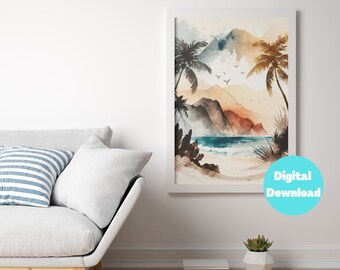 Acquerello stampabile Beach Wall Art, Arredamento alla moda scaricabile, Download digitale, Opere d'arte vintage, Boho, Vintage, Stampa retrò, Colore