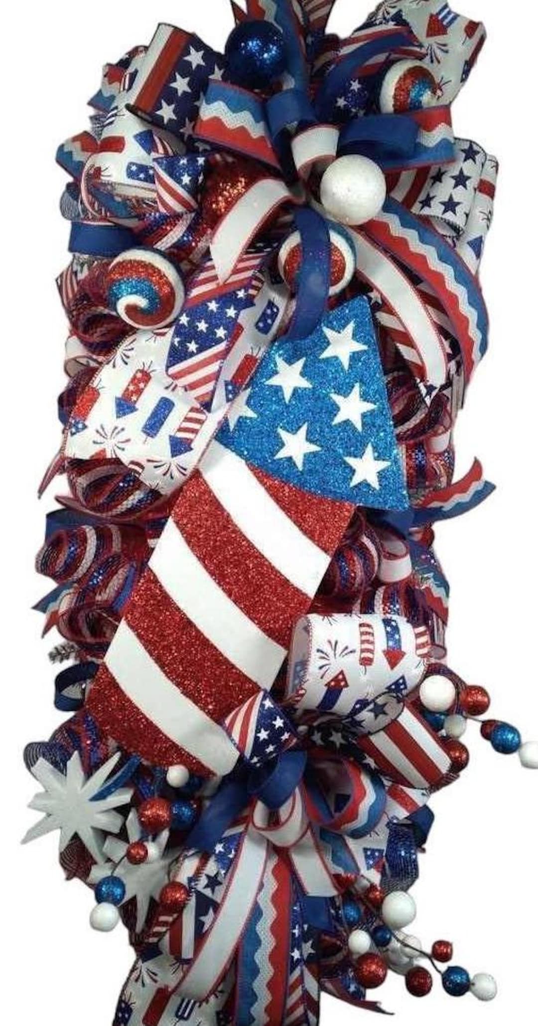 Patriotic Swag Wreath, 4th of July Door Decor, Red White & Blue Wreath ...
