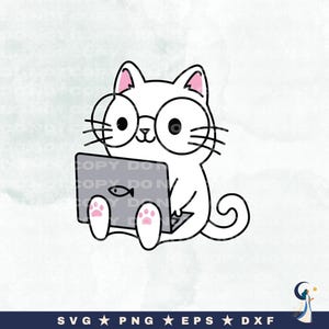 Cat with Laptop SVG, Funny Cat Design, Gift for Cat Mom, Geek Cat Sticker Design, Cute Gift for Cat Lovers & Pet Owners
