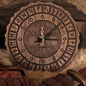 Norse Yggdrasil Wooden Clock – Yggdrasil  with Elder Futhark Rune Design
