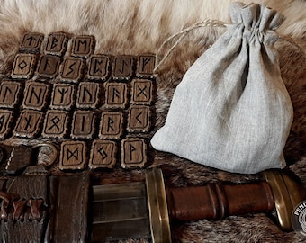 Elder Futhark runes in a linen pouch (1000 year old oak wood)