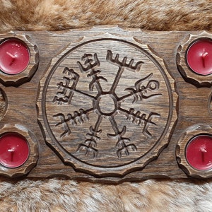 Tea lights holder - Vegvisir (aged oak wood)