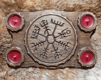Vegvisir-Teelichthalter - Wikinger-Kerzenhalter aus gealtertem Eichenholz