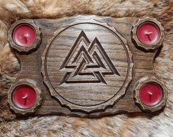 Valknut Teelichthalter - gealterter Wikinger-Kerzenhalter aus Eiche
