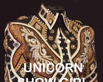 May include: A black and brown show jacket with white and silver trim. The jacket is decorated with pearl-like embellishments and the text "UNICORN SHOW GIRL".