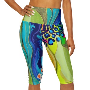 Capri Leggings Abstract leopard Blue Lime Green, Capri yoga pants, Christmas Gift Yoga