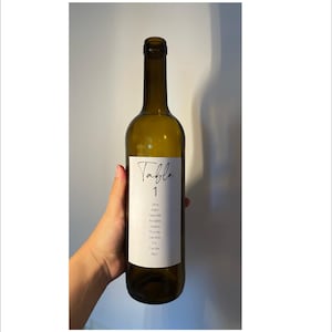 Peut inclure: Une bouteille de vin en verre vert vide avec une étiquette blanche. L'étiquette indique "Table 1" en écriture cursive, suivie d'une liste de noms. La bouteille est tenue par une personne.