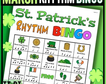 Bingo rítmico/musical del Día de San Patricio para principiantes (valores de las notas)