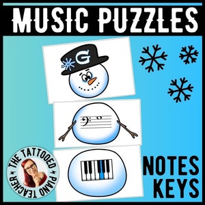 WINTER Music Theory PUZZLES | Snowman Matching: Notes, Key Names, Sharps & Flats