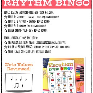 Gioco di bingo ritmico per le vacanze / Gioco di bingo musicale per principianti valori delle note Tema sulla spiaggia estiva o per le vacanze di primavera immagine 5