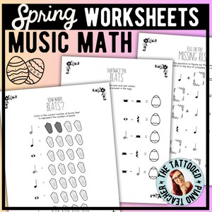 May include: Three black and white printable worksheets for music education. The worksheets feature bunny footprints, musical notes, and Easter eggs. The worksheets are titled "How Many Beats?", "Subtract the Beats", and "Fill in the Missing Rest".
