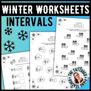 Könnte beinhalten: Eine Sammlung von Musikarbeitsblättern zum Thema Winter mit dem Titel "Winter Worksheets Intervals" in schwarzem Text auf hellblauem Hintergrund. Die Arbeitsblätter enthalten Noten, Schneeflocken und den Text "Color the Intervals" und "Name the Intervals".