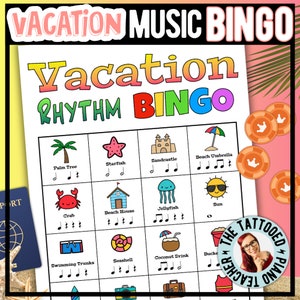 Gioco di bingo ritmico per le vacanze / Gioco di bingo musicale per principianti valori delle note Tema sulla spiaggia estiva o per le vacanze di primavera immagine 1