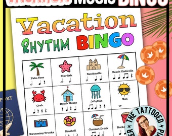 Gioco di bingo ritmico per le vacanze / Gioco di bingo musicale per principianti (valori delle note) Tema sulla spiaggia estiva o per le vacanze di primavera