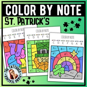 May include: Three printable coloring pages with a St. Patrick's Day theme. Each page features a different design: a leprechaun, a rainbow, and a shamrock. The pages are labeled "Color by Note" and include musical notes for children to color by.