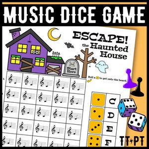 Halloween Music Game - Note Name Dice Game Music Theory Activity for Beginning Piano Students | Note Naming Notes on the Staff Board Game