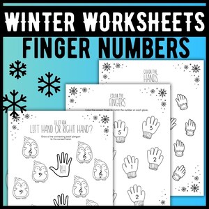 Op de afbeelding: Winterwerkbladen met de tekst "Winter Worksheets Finger Numbers". De werkbladen bevatten sneeuwvlokken, pinguïns en handtekeningen. Eén werkblad vraagt: "Is het voor linkerhand of rechterhand?" Een andere vraagt om de vingers te kleuren om overeen te komen met het nummer op elke handschoen.