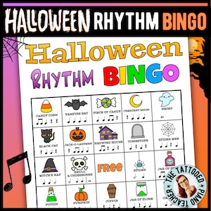 May include: A Halloween Rhythm Bingo game sheet with colorful text and illustrations. The bingo card features Halloween-themed images like a black cat, pumpkin, and ghost, with musical notes below each image. The text "Halloween Rhythm Bingo" is at the top.