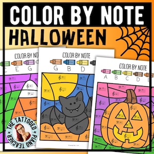 May include: Coloring pages with a Halloween theme. The pages feature a bat and a jack-o'-lantern, with musical notes and color-by-note instructions. The text "COLOR BY NOTE HALLOWEEN" is at the top.