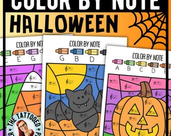 May include: Coloring pages with a Halloween theme. The pages feature a bat and a jack-o'-lantern, with musical notes and color-by-note instructions. The text "COLOR BY NOTE HALLOWEEN" is at the top.