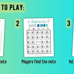 Może przedstawiać: Trzyetapowy przewodnik po grze w letnie bingo z nutami. Pierwszy krok pokazuje listę nut, kt&oacute;re nauczyciel ma odczytać. Drugi krok pokazuje kartę bingo z nutami. Trzeci krok pokazuje kartę bingo z nutami i niebieskim k&oacute;łkiem podkreślającym zwycięski wiersz.
