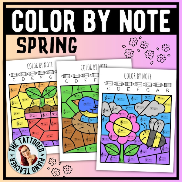 Spring Coloring Pages | Color By Code Music Notes | 3 Levels | Note Naming | Music Theory | Notes on the Staff Piano Worksheets