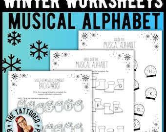 May include: Three black and white printable worksheets for children to learn the musical alphabet. The first worksheet features a hot chocolate mug design, the second features a boot design, and the third features a snow globe design.