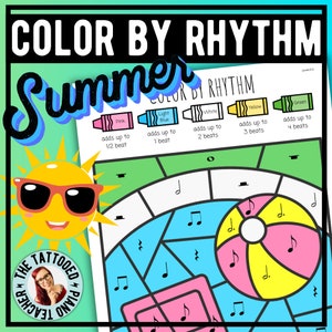 May include: Color by Rhythm Summer themed printable activity sheet with a beach ball, sun, and musical notes. The sheet is divided into sections, each with a different color and a corresponding rhythm value. The colors are pink, light blue, white, yellow, and green. The rhythm values are 1/2 beat, 1 beat, 2 beats, 3 beats, and 4 beats.