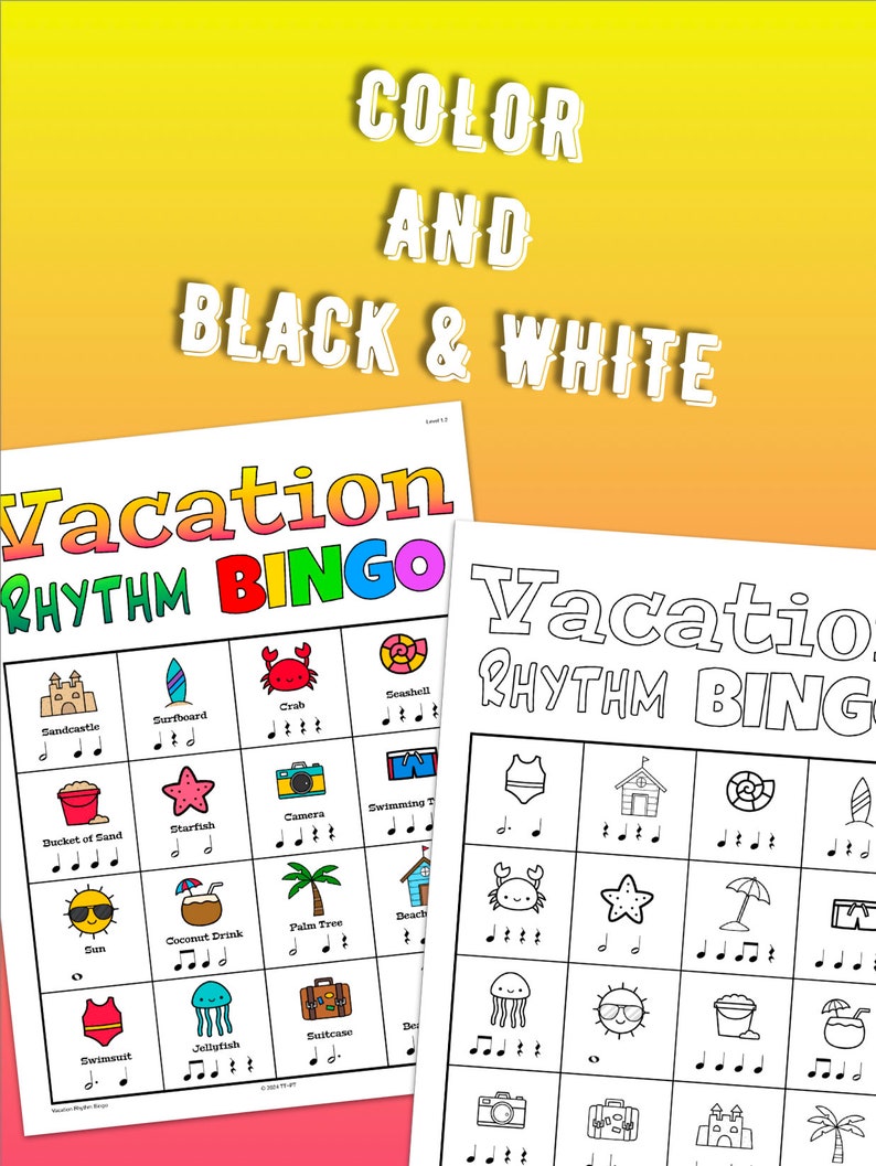 Gioco di bingo ritmico per le vacanze / Gioco di bingo musicale per principianti valori delle note Tema sulla spiaggia estiva o per le vacanze di primavera immagine 8