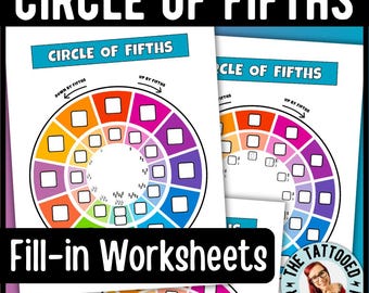 May include: A stack of music theory worksheets titled "Circle of Fifths" with a colorful circular diagram. The worksheets have a fill-in-the-blanks format. The text "Fill-in Worksheets" is displayed prominently. The image also includes a logo of "The Tattooed Piano Teacher".