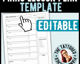 May include: A piano lesson plan template with the text "PIANO LESSON PLAN TEMPLATE" in white letters on a black background. The template includes sections for lesson details, current materials, and activities. The word "EDITABLE" is in a blue rectangle.