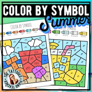 Può includere: Attività di colorazione per simbolo per bambini con tema estivo. L'immagine mostra due pagine da colorare, una con una scena di spiaggia e l'altra con un chiosco di limonata. Ogni pagina ha una griglia di quadrati con simboli musicali in ogni quadrato. I simboli corrispondono a diversi colori, che sono elencati nella parte superiore di ogni pagina. Le pagine da colorare sono progettate per aiutare i bambini a imparare la musica e i colori.