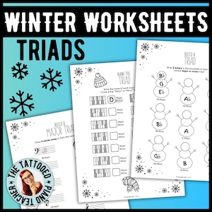 Könnte beinhalten: Winterliche Musik-Arbeitsblätter mit dem Titel "TRIADS" in großen schwarzen Buchstaben. Die Arbeitsblätter zeigen Schneeflocken- und Schneemann-Grafiken. Ein Arbeitsblatt trägt die Aufschrift "Build a Major Triad", ein anderes "Name the Triad". Das Logo von "The Tattooed Piano Teacher" ist sichtbar.