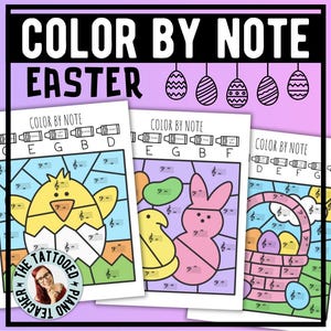 Op de afbeelding: Drie afdrukbare kleurplaten met een paasthema met muzieknoten. Elke pagina heeft een ander beeld: een kuiken, een Peeps-konijn en een paaskor. De pagina's zijn getiteld "Color by Note" en bevatten een muziekscala om in te kleuren.