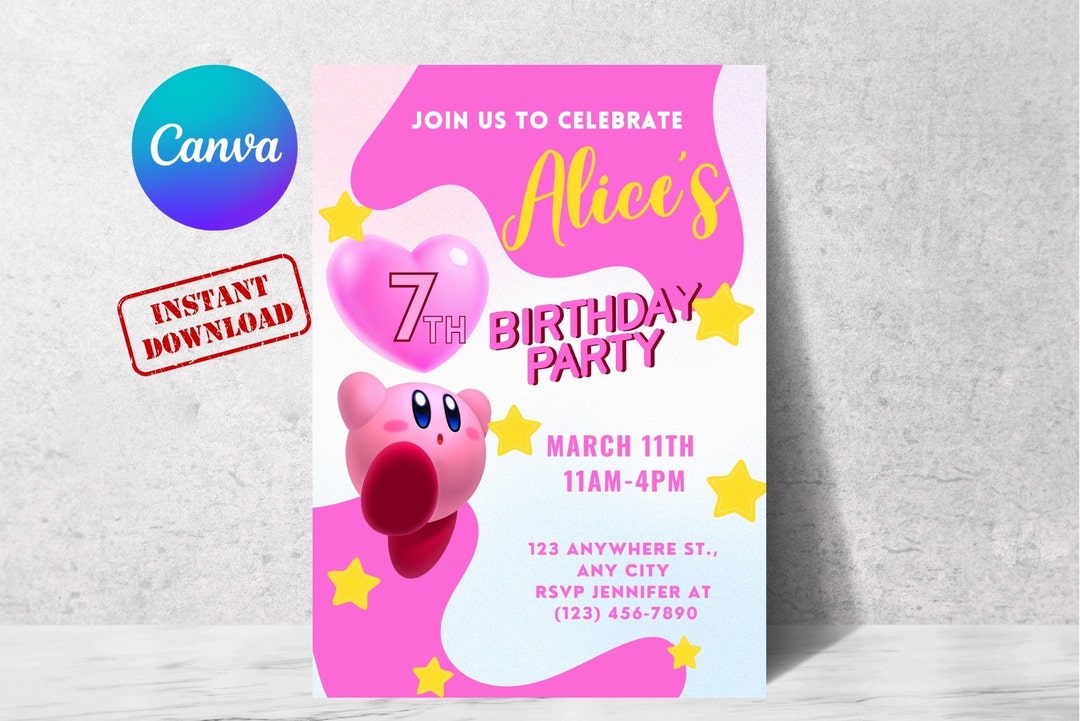 Kirby Birthday Invitation Printable Birthday Invitations Etsy