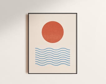 Balance Art Print: Beige Sun & Ocean Geometric Poster (Digital Download)