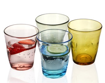 Colorful Pinch Bubble Tumblers & Water Glasses set of 4, 11 oz. Hand Blown Solid Color Vintage Fancy Glassware Mixed Multi-color