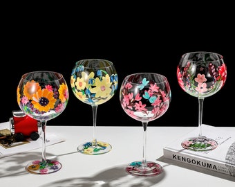 Hand Painted Flowers Wine Glasses Set Of 4