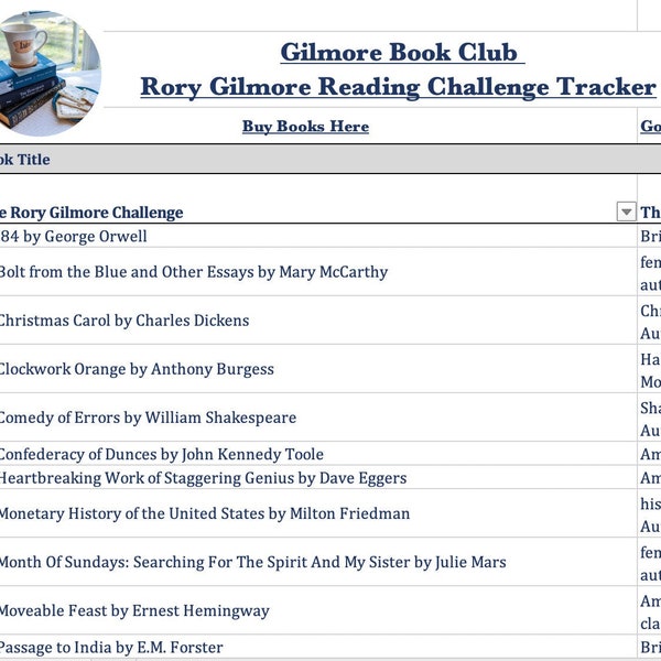 Rory Gilmore Reading Challenge Book Tracker Spreadsheet to PEF