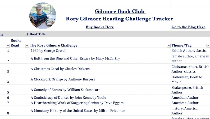 Rory Gilmore Reading Challenge Book Tracker Spreadsheet to PEF image 2