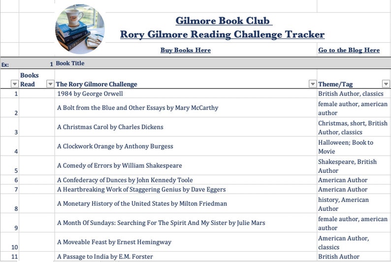 Rory Gilmore Reading Challenge Book Tracker Spreadsheet to PEF image 1